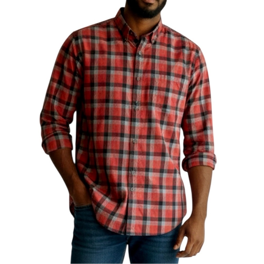J.Crew 2-Ply Cotton Button Down Shirt Red Gray Black Check Plaid Long Sleeve L